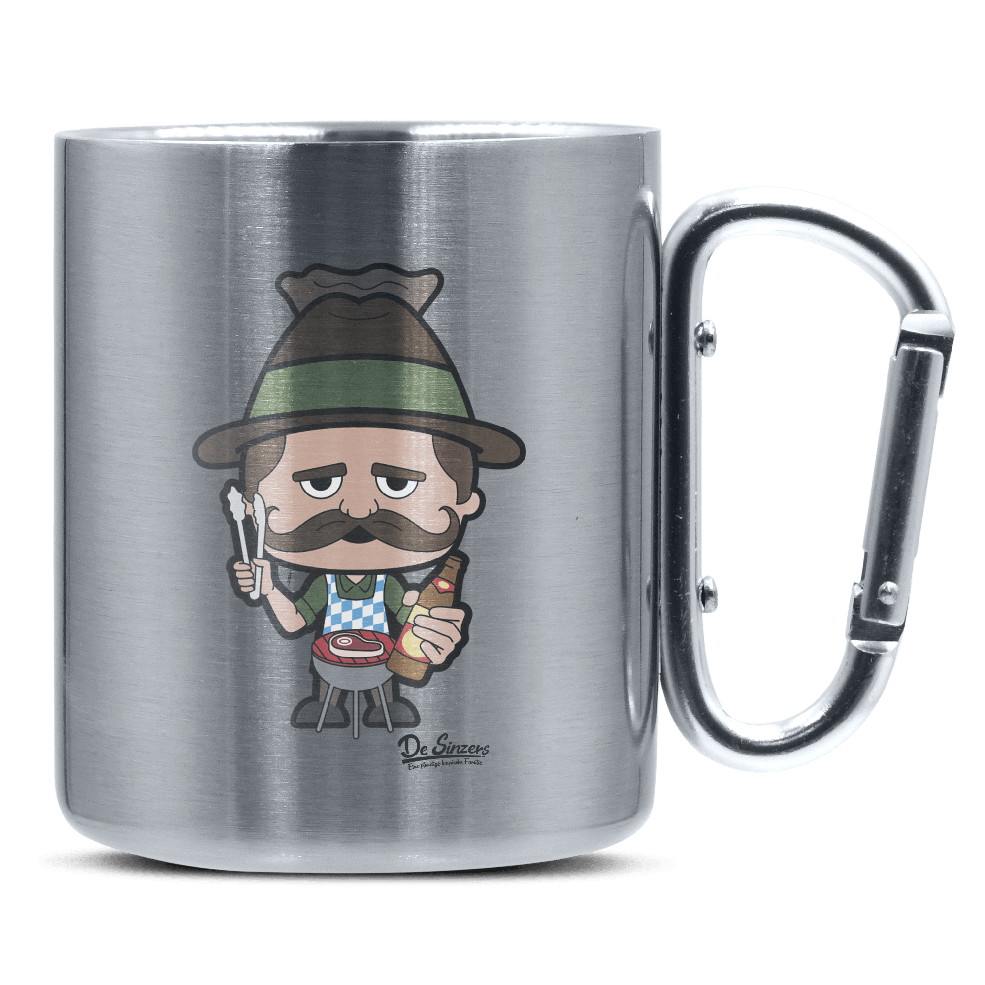 Da Sinzer Griller Edelstahl Kaffeetasse silberer Karabiner 320ml Grosser Traithen Front