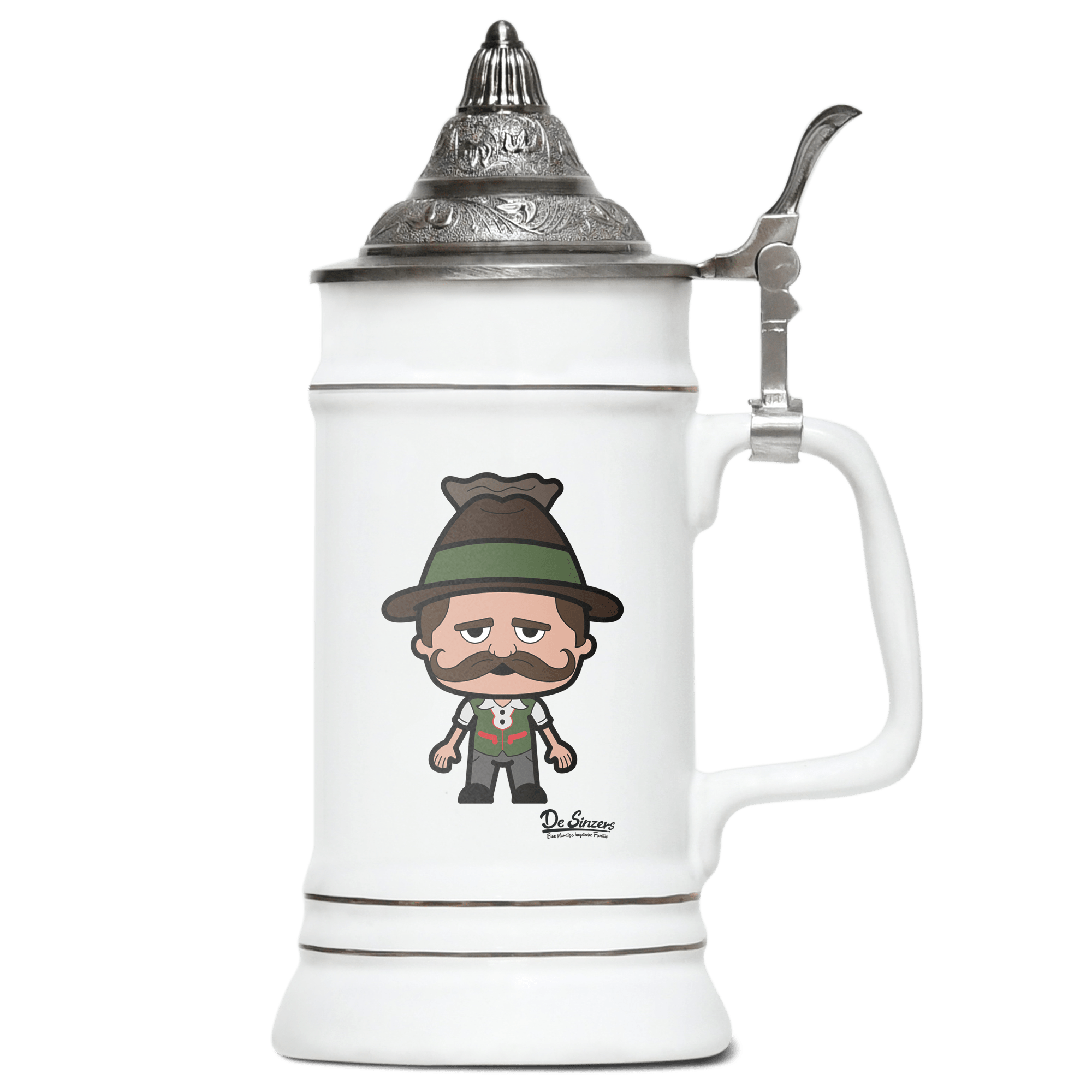 Da Sinzer Grundfiguren Bierkrug 500ml Weiss mit Spitzdeckel Wendelstein Front