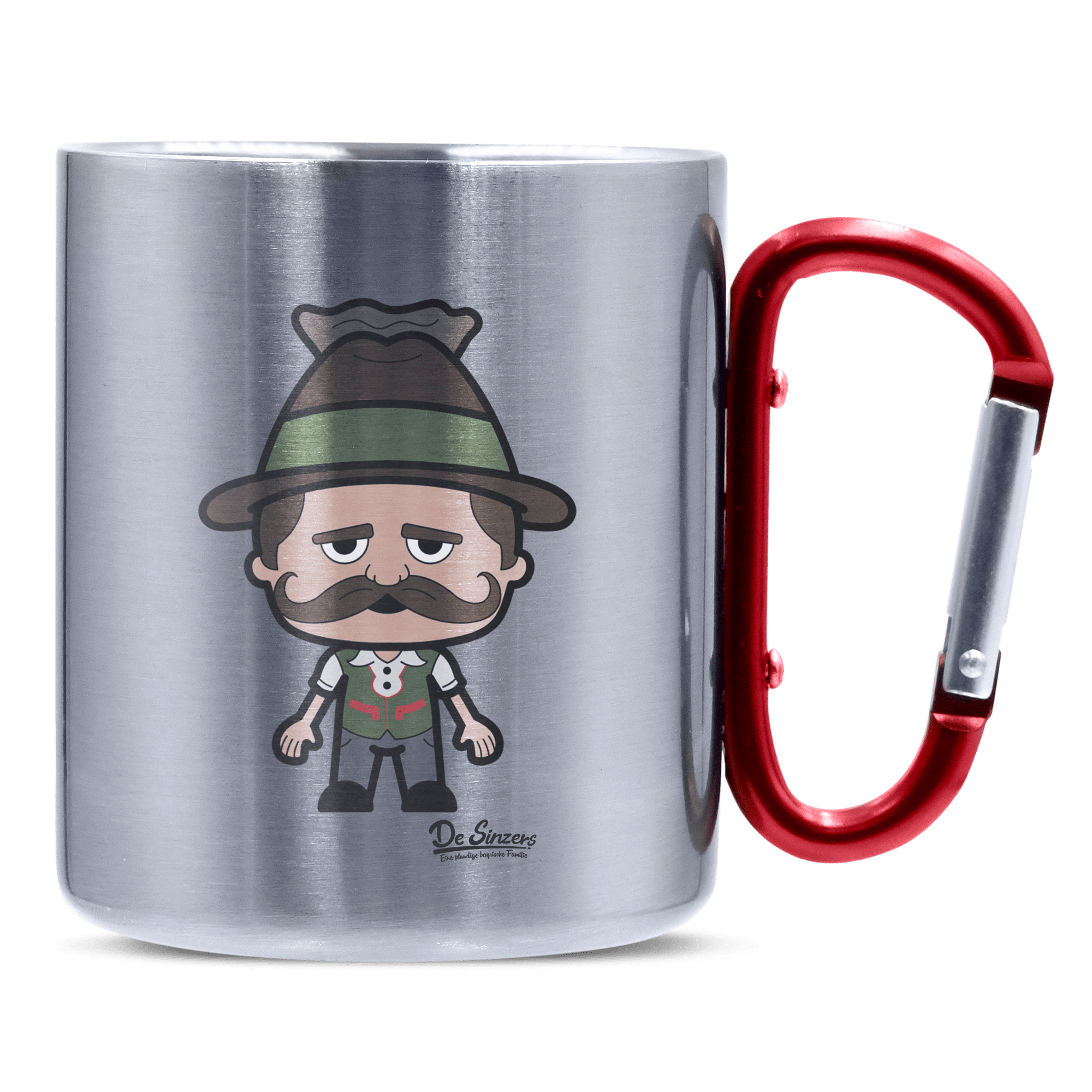 Da Sinzer Grundfiguren Edelstahl Kaffeetasse roter Karabiner 320ml Kitzstein Front