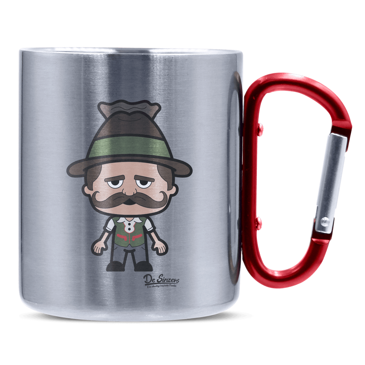 Da Sinzer Grundfiguren Edelstahl Kaffeetasse roter Karabiner 320ml Kitzstein Front