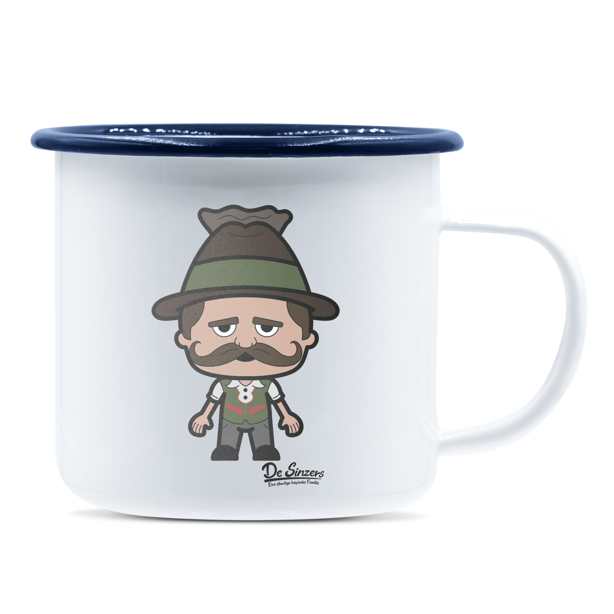 Da Sinzer Grundfiguren Emaille Tasse 375ml Weiss Blau Heuberg Front