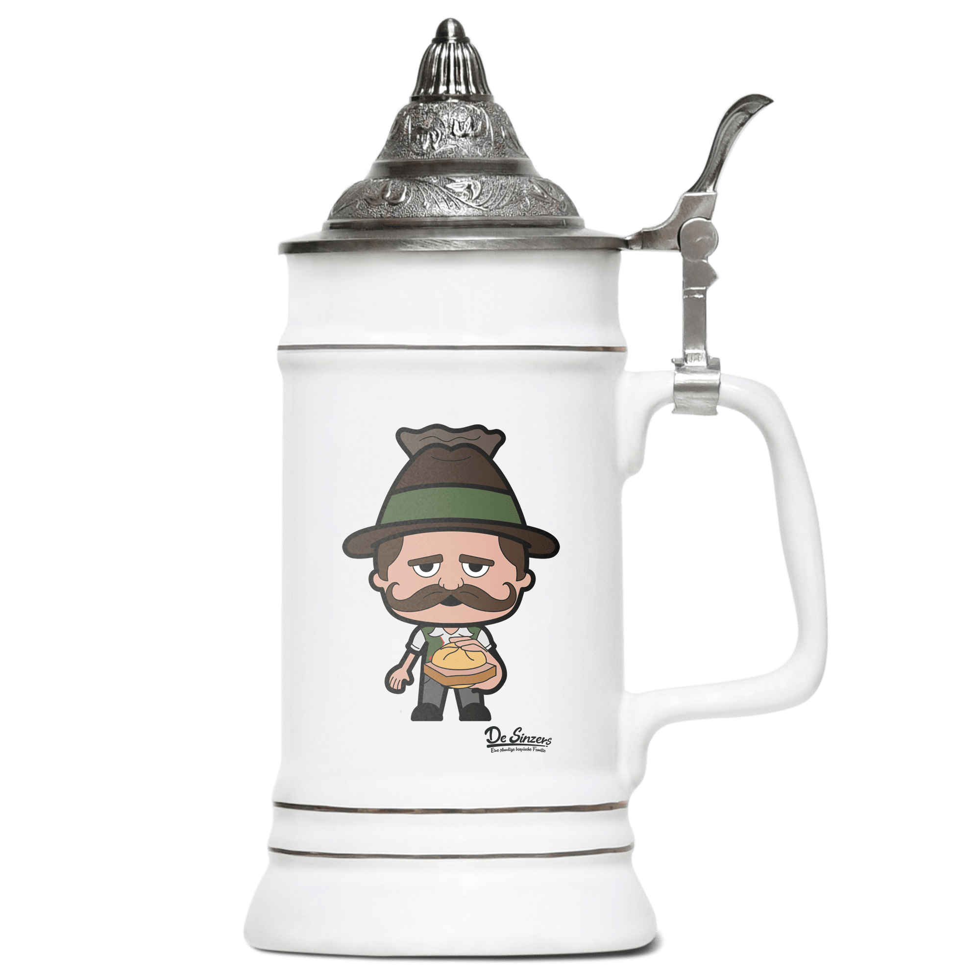 Da Sinzer Leberkassemmel Bierkrug 500ml Weiss mit Spitzdeckel Wendelstein Front