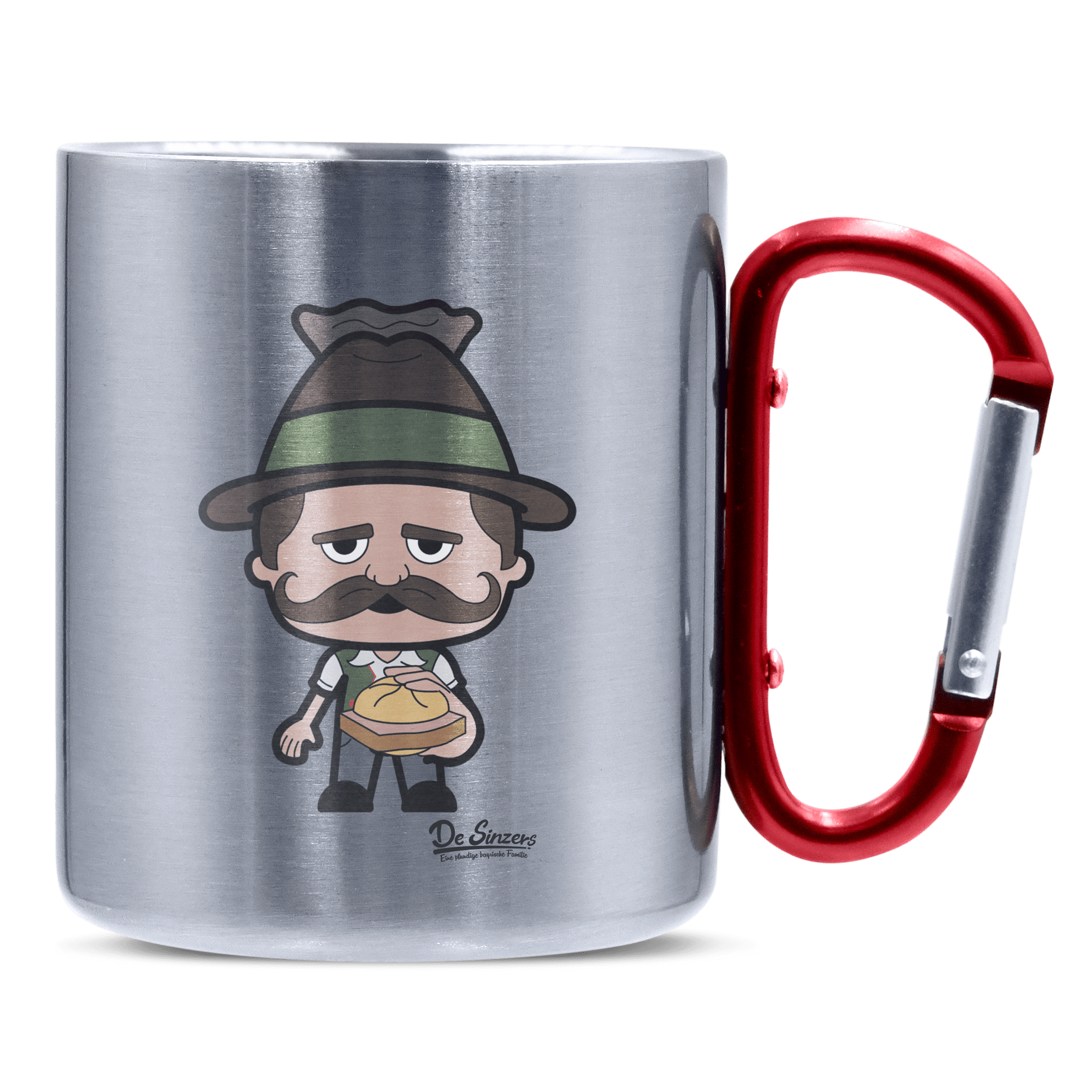 Da Sinzer Leberkassemmel Edelstahl Kaffeetasse roter Karabiner 320ml Kitzstein Front