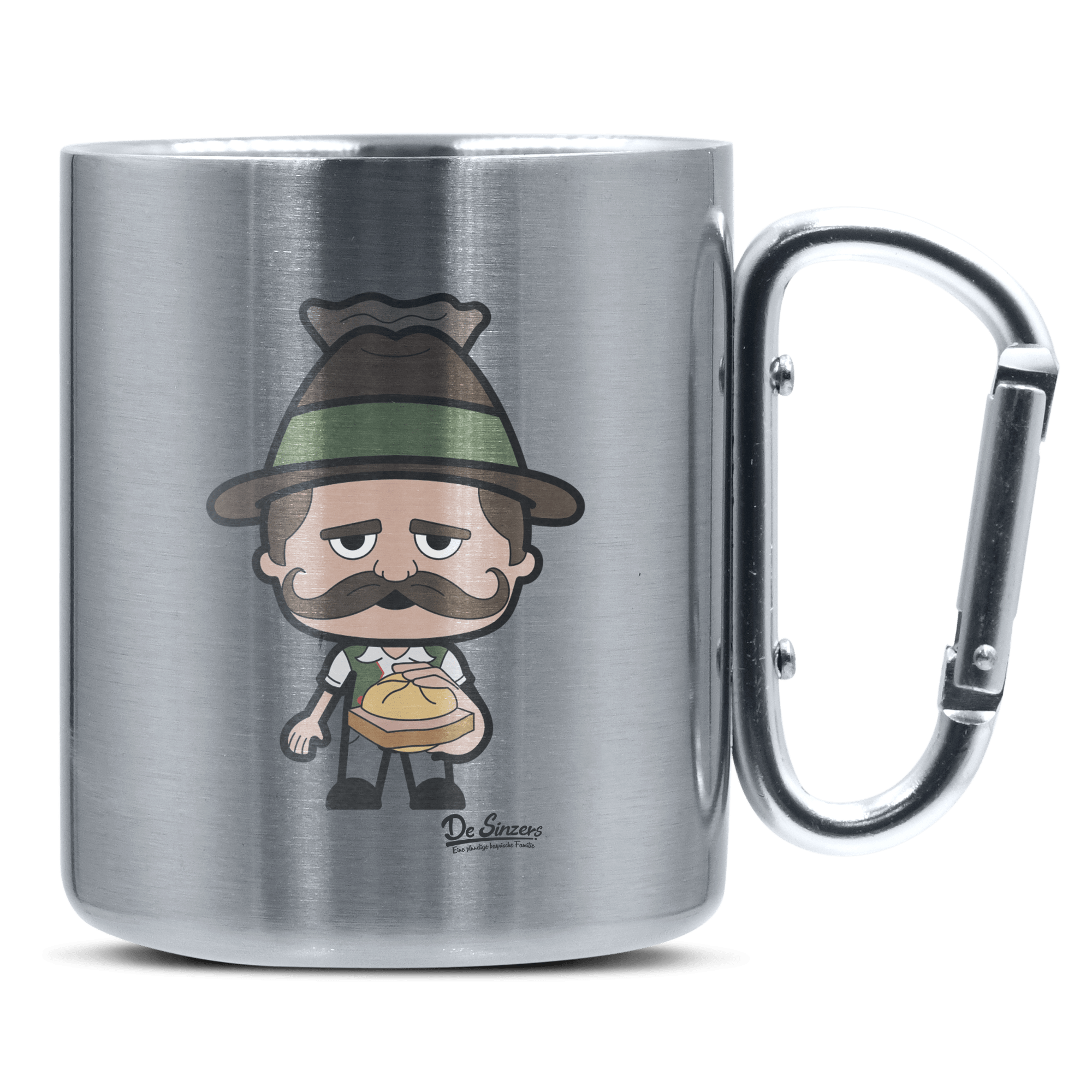 Da Sinzer Leberkassemmel Edelstahl Kaffeetasse silberer Karabiner 320ml Grosser Traithen Front