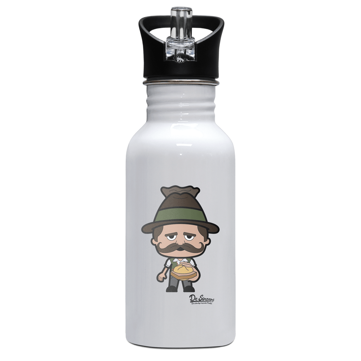 Da Sinzer Leberkassemmel Edelstahl Trinkflasche mit klappbarem Mundstueck 500ml Weiss Rotwand Front