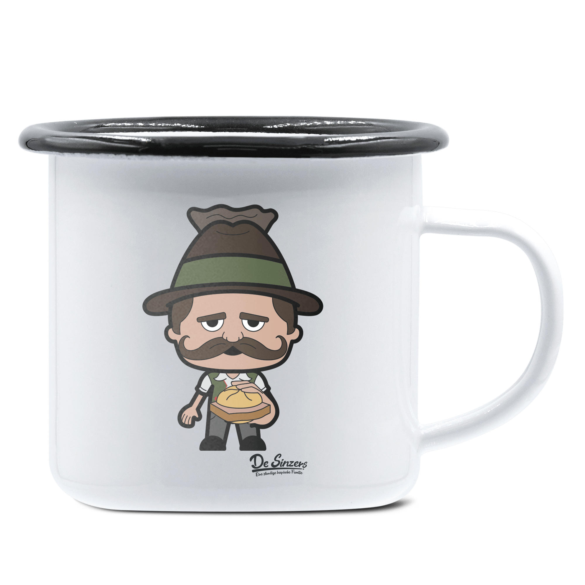 Da Sinzer Leberkassemmel Emaille Tasse 375ml Weiss Schwarz Hochries Front