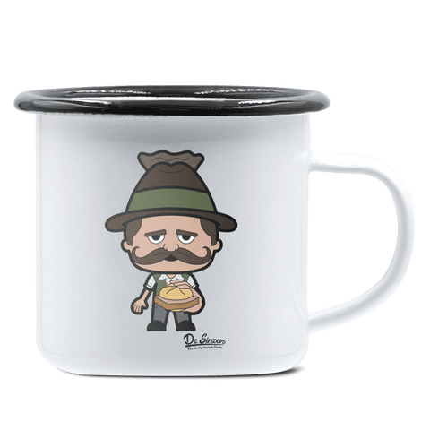 Da Sinzer Leberkassemmel Emaille Tasse 375ml Weiss Schwarz Hochries Front