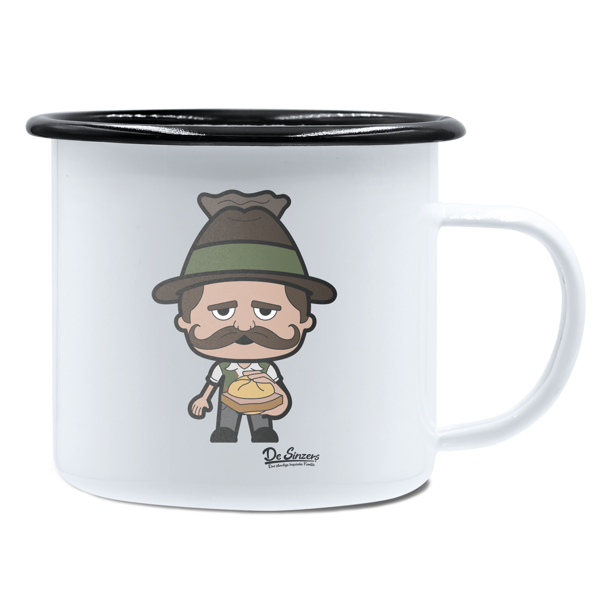 Da Sinzer Leberkassemmel Emaille Tasse 450ml Weiss Schwarz Spitzstein Front