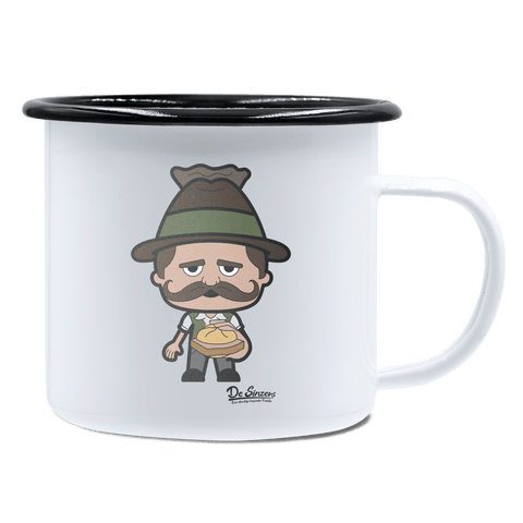 Da Sinzer Leberkassemmel Emaille Tasse 450ml Weiss Schwarz Spitzstein Front