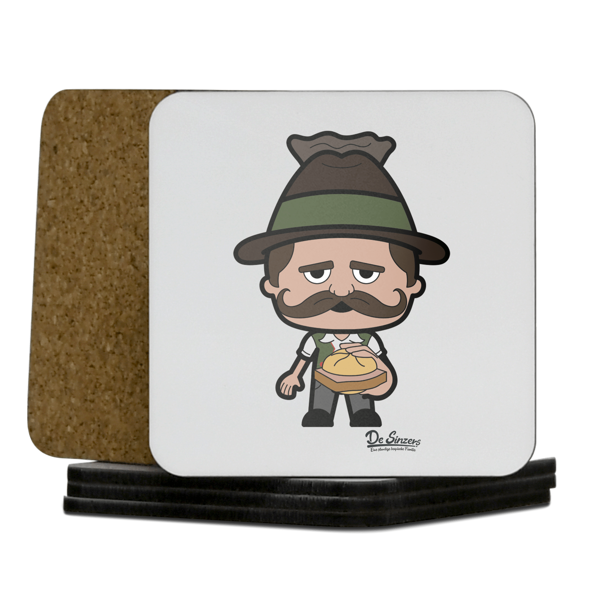 Da Sinzer Leberkassemmel Korkuntersetzer 5er Set 95 x 95 mm Weiss Karkopf Front