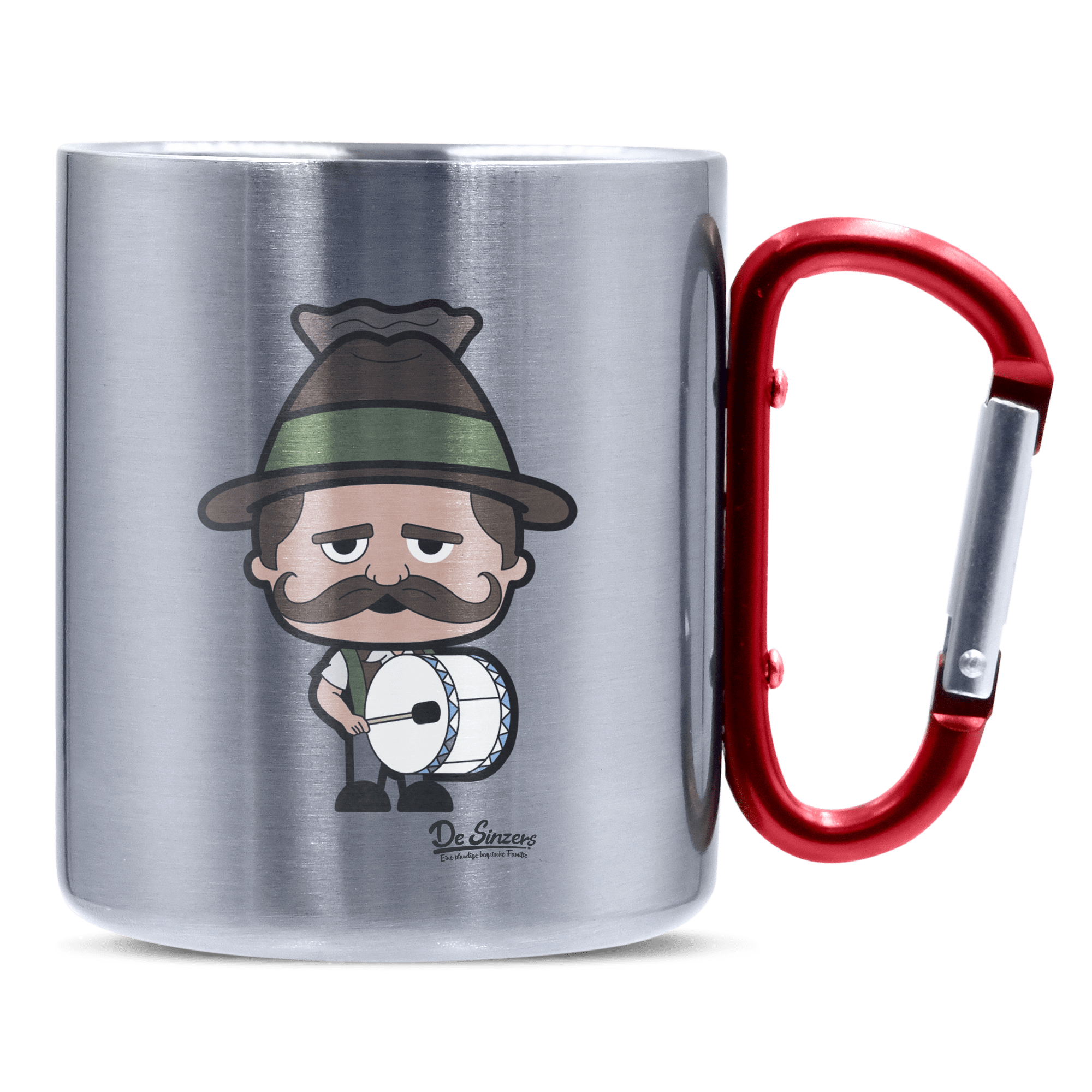Da Sinzer Musikinstrumente Edelstahl Kaffeetasse roter Karabiner 320ml Kitzstein Front