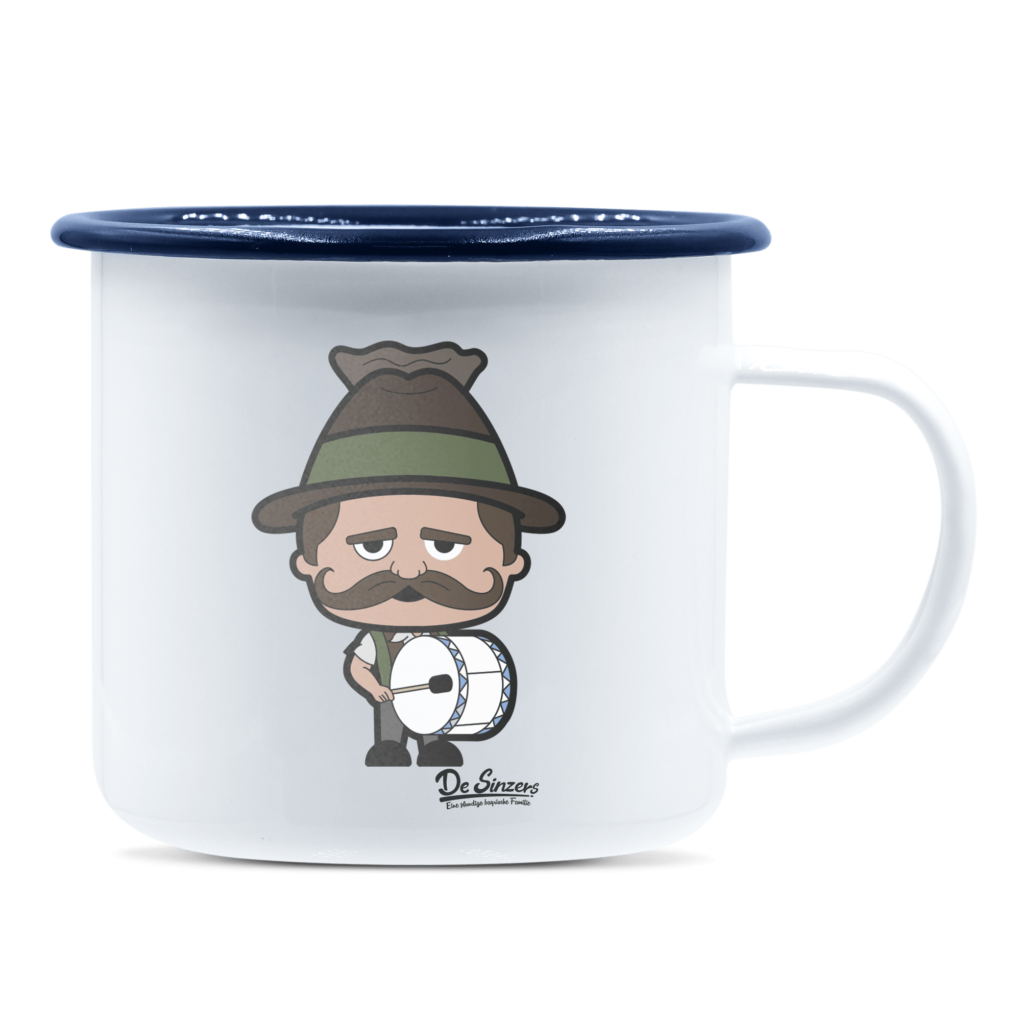 Da Sinzer Musikinstrumente Emaille Tasse 375ml Weiss Blau Heuberg Front