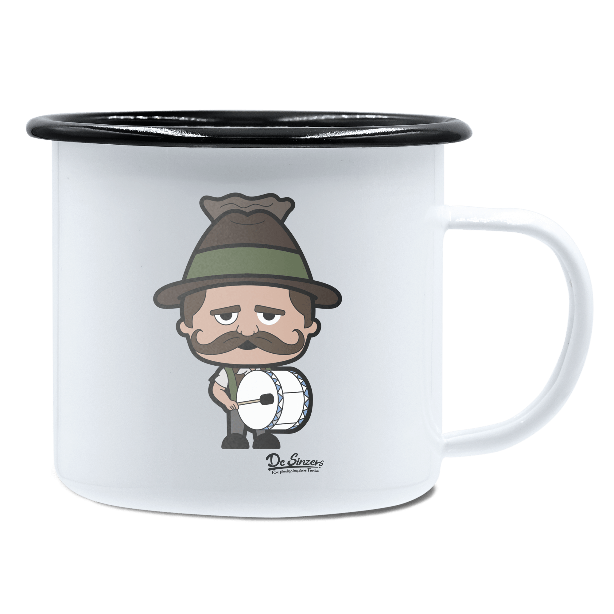 Da Sinzer Musikinstrumente Emaille Tasse 450ml Weiss Schwarz Spitzstein Front