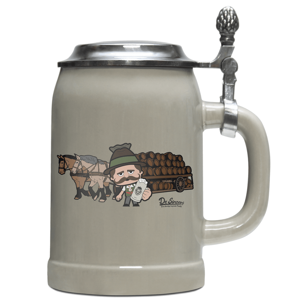 Da Sinzer Pferdegespann Bierkrug 500ml Grau mit Deckel Hocheck Front