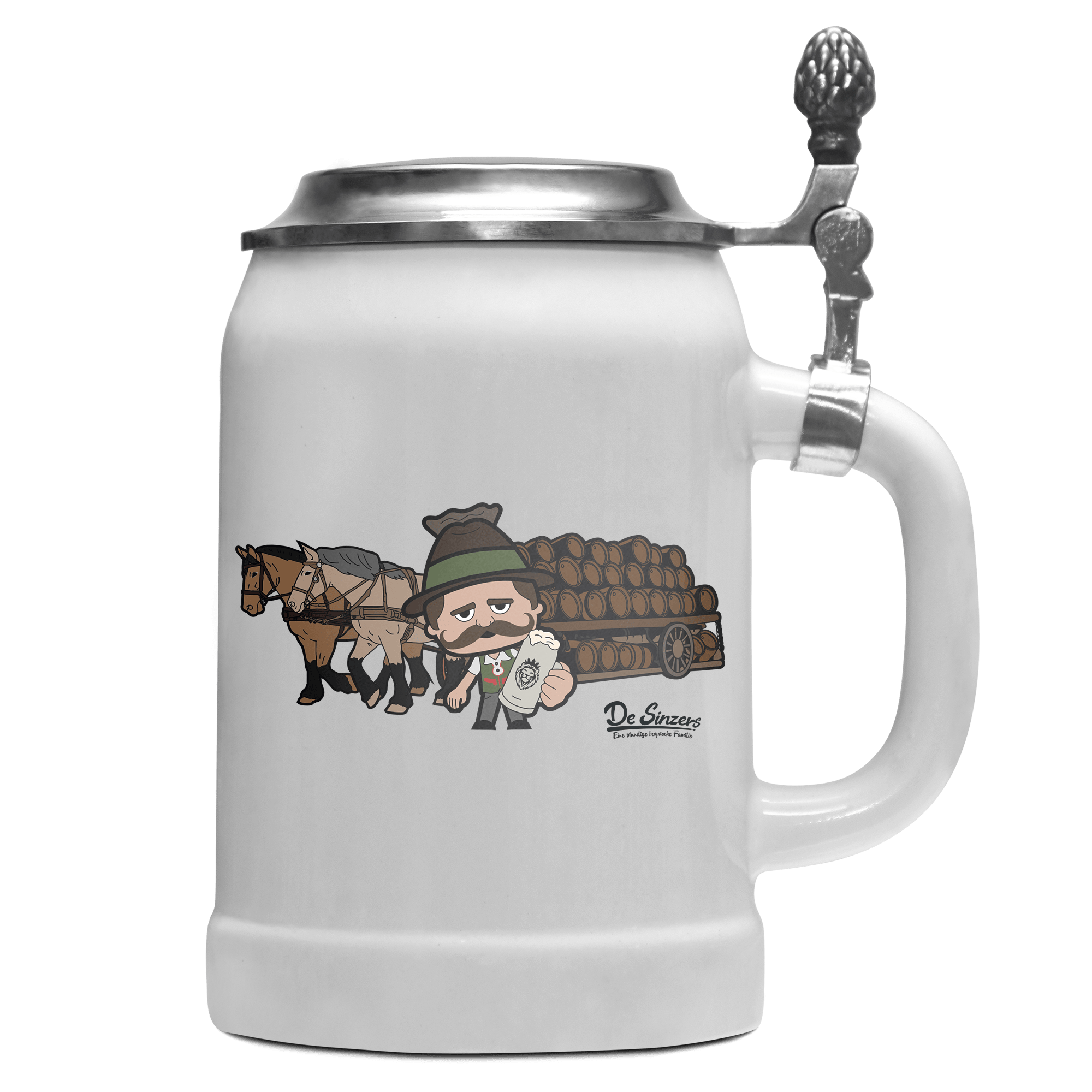 Da Sinzer Pferdegespann Bierkrug 500ml Weiss mit Deckel Wetterspitzen Front