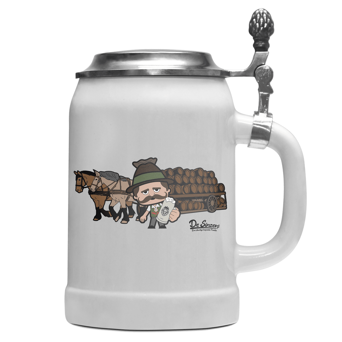 Da Sinzer Pferdegespann Bierkrug 500ml Weiss mit Deckel Wetterspitzen Front
