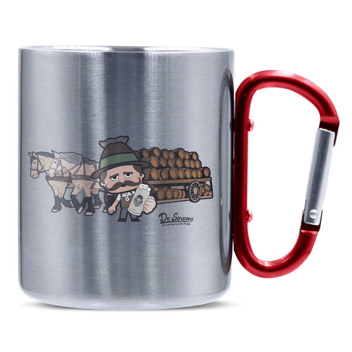 Da Sinzer Pferdegespann Edelstahl Kaffeetasse roter Karabiner 320ml Kitzstein Front