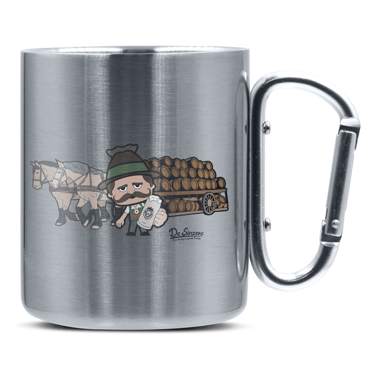 Da Sinzer Pferdegespann Edelstahl Kaffeetasse silberer Karabiner 320ml Grosser Traithen Front