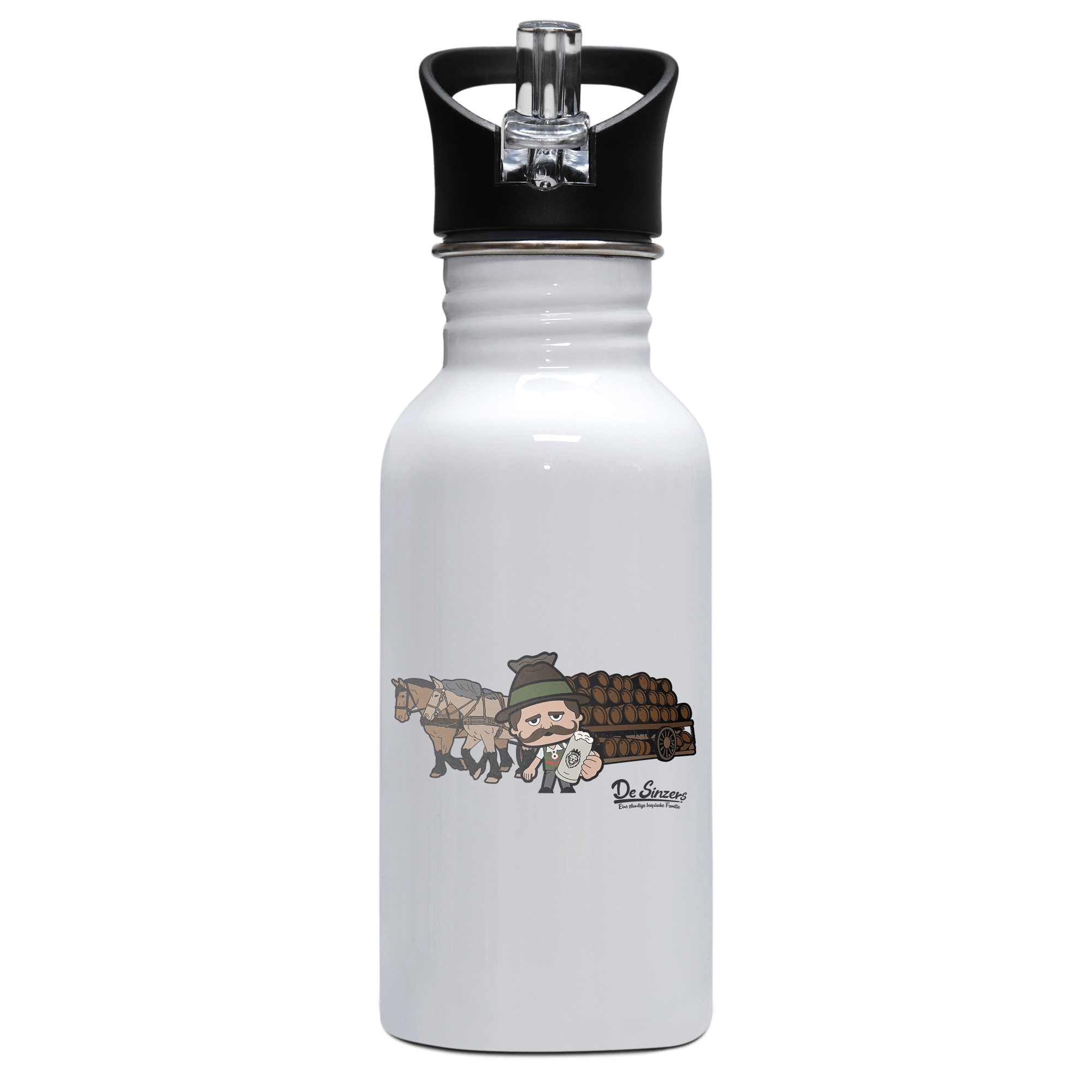 Da Sinzer Pferdegespann Edelstahl Trinkflasche mit klappbarem Mundstueck 500ml Weiss Rotwand Front