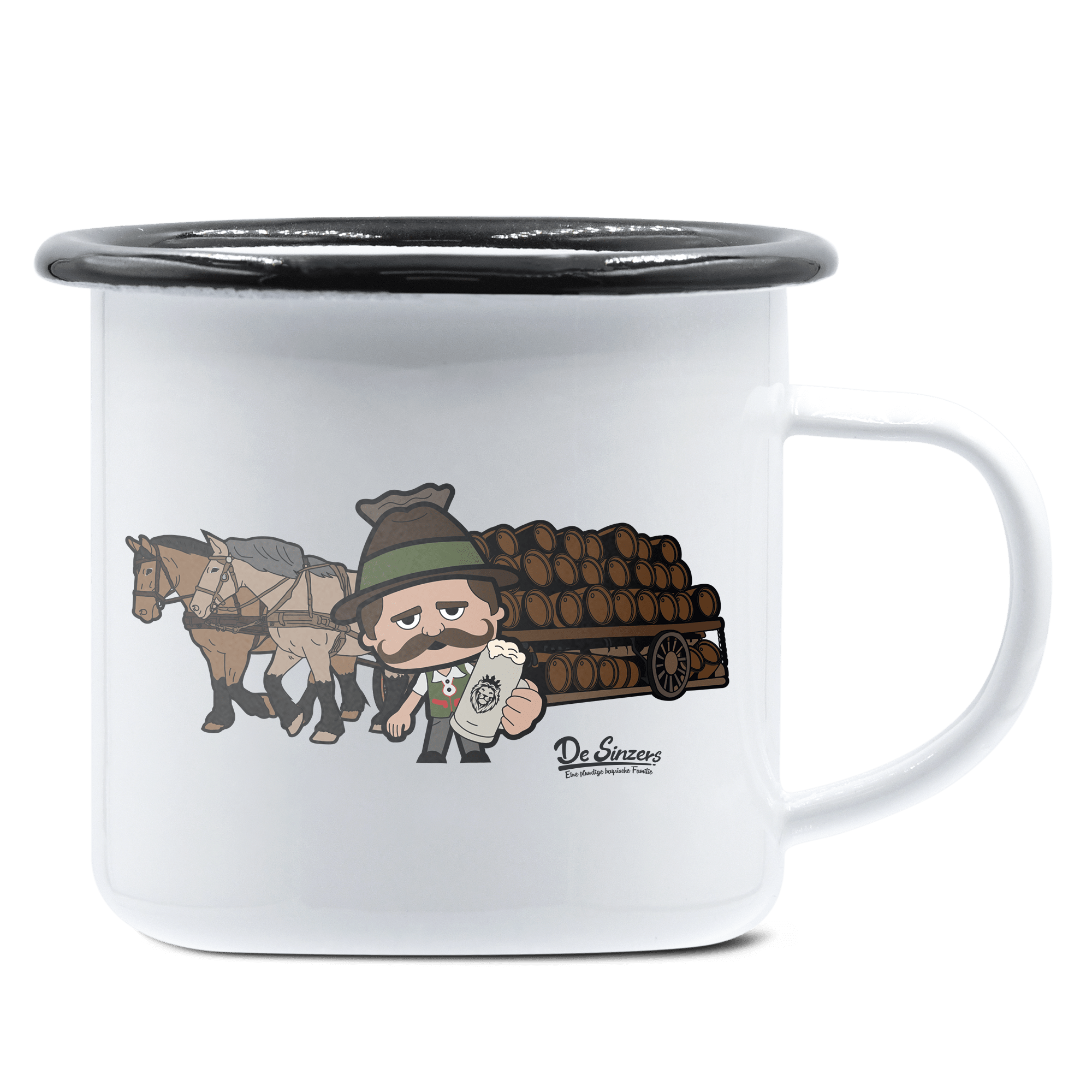 Da Sinzer Pferdegespann Emaille Tasse 375ml Weiss Schwarz Hochries Front