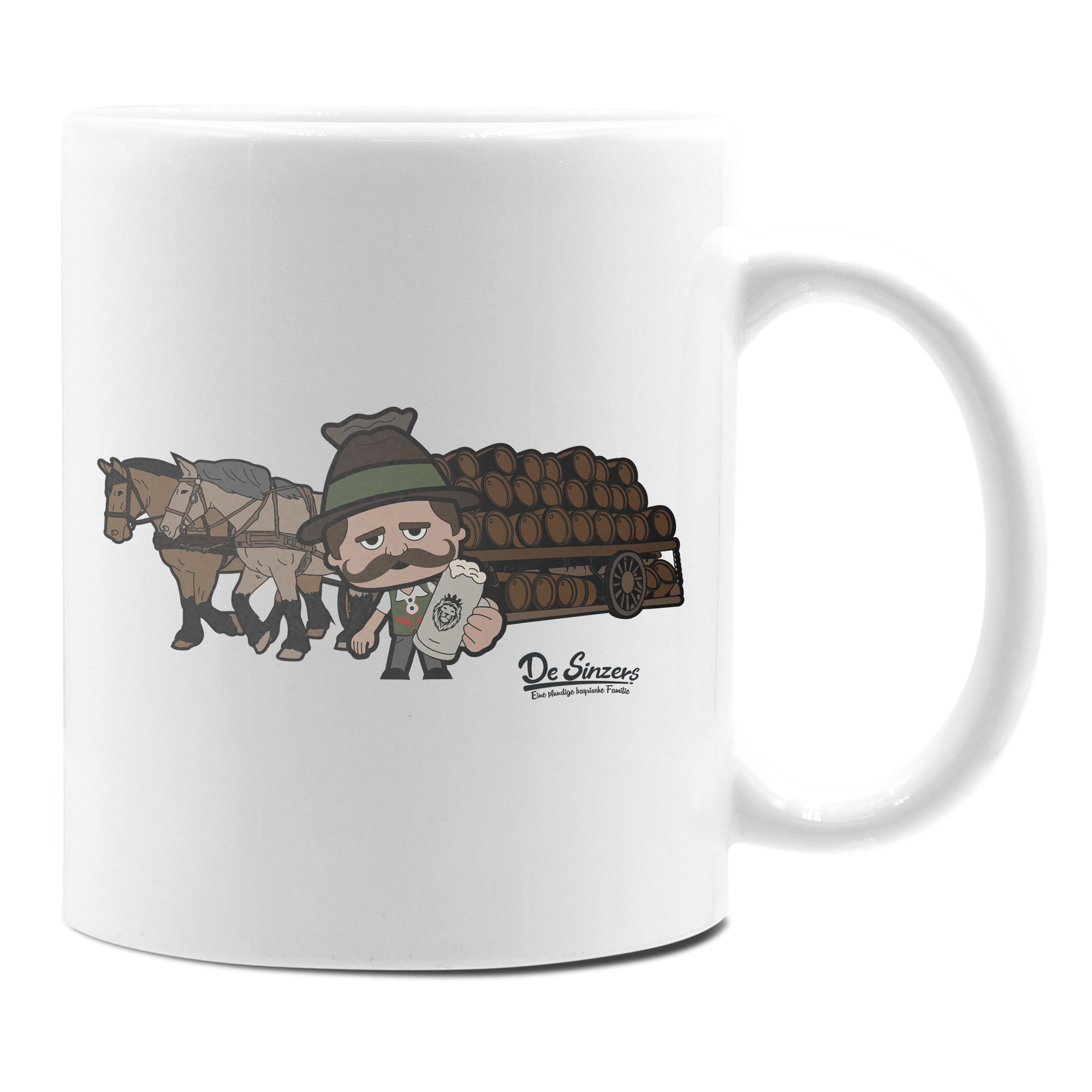 Da Sinzer Pferdegespann Keramik Kaffeetasse 330ml Weiss Rampoldplatte Front