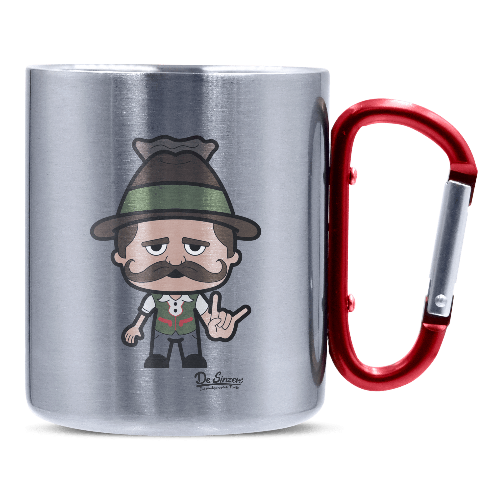 Da Sinzer Rocking Fingers Edelstahl Kaffeetasse roter Karabiner 320ml Kitzstein Front