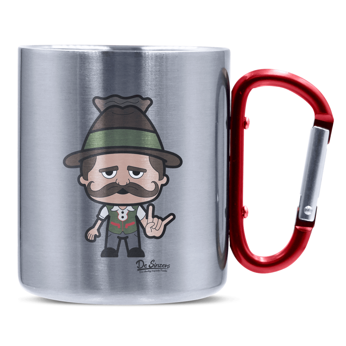 Da Sinzer Rocking Fingers Edelstahl Kaffeetasse roter Karabiner 320ml Kitzstein Front