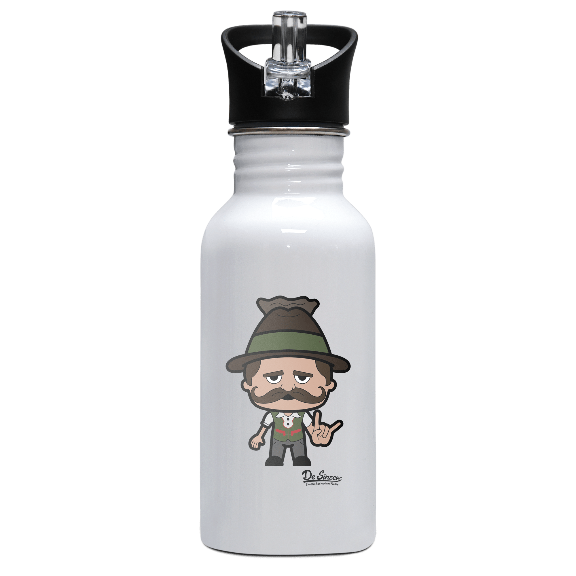 Da Sinzer Rocking Fingers Edelstahl Trinkflasche mit klappbarem Mundstueck 500ml Weiss Rotwand Front