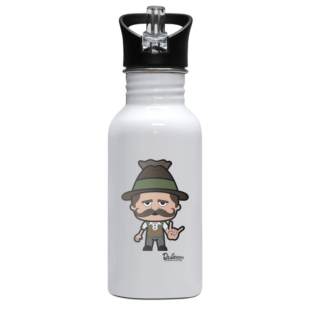 Da Sinzer Rocking Fingers Edelstahl Trinkflasche mit klappbarem Mundstueck 500ml Weiss Rotwand Front