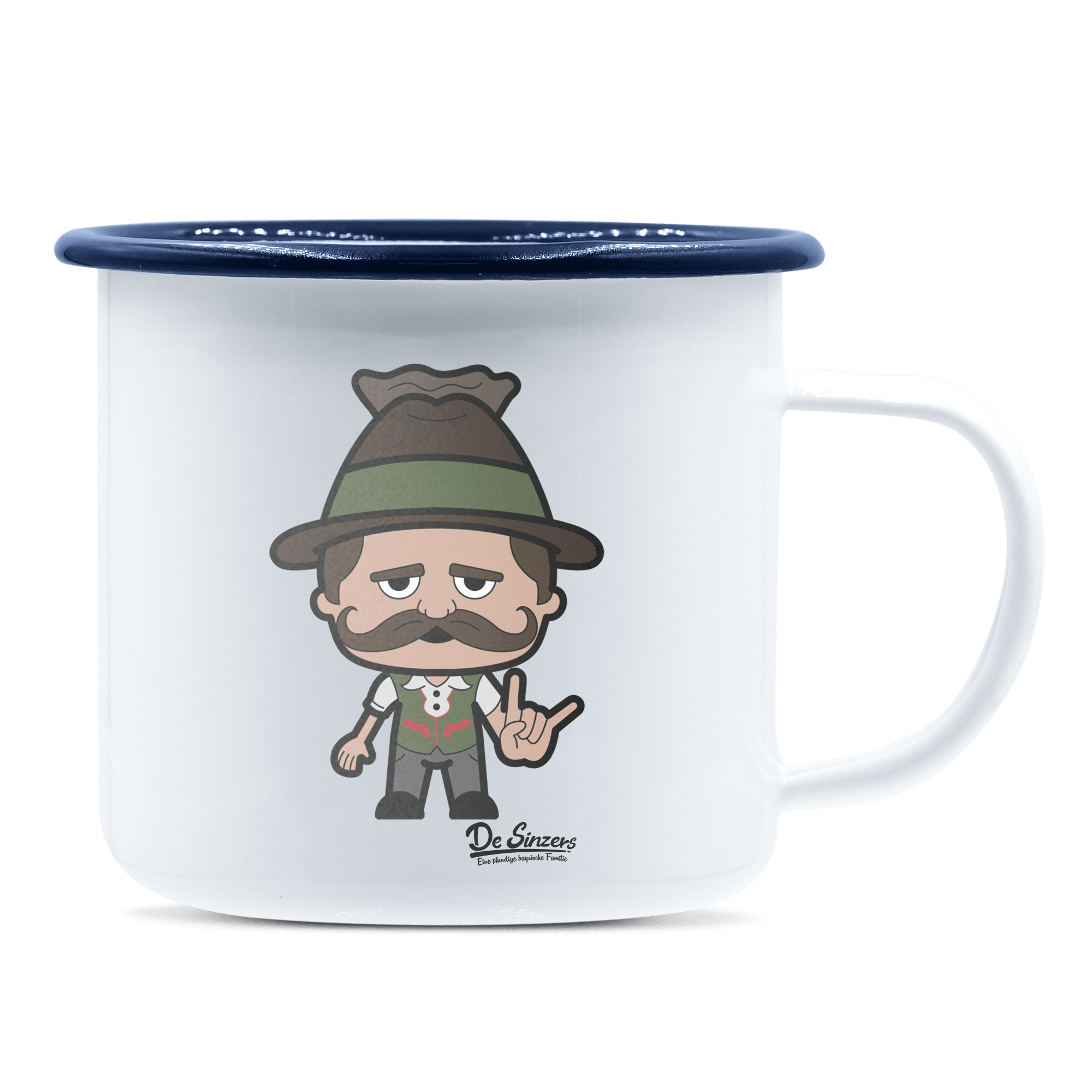 Da Sinzer Rocking Fingers Emaille Tasse 375ml Weiss Blau Heuberg Front