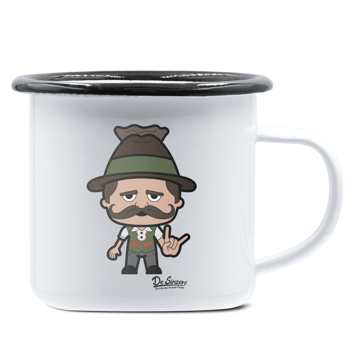 Da Sinzer Rocking Fingers Emaille Tasse 375ml Weiss Schwarz Hochries Front