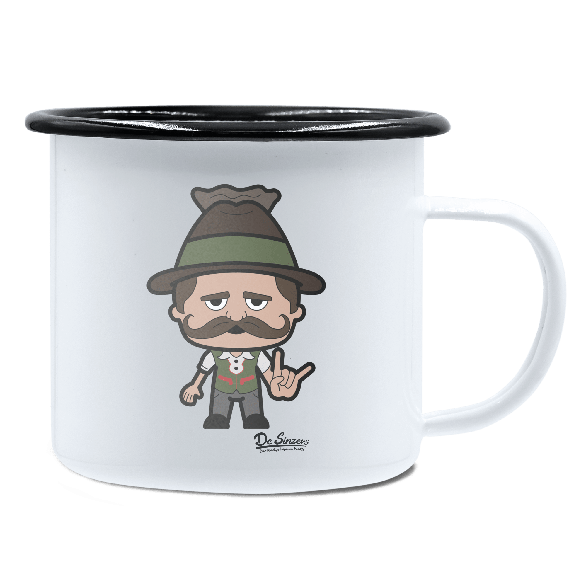 Da Sinzer Rocking Fingers Emaille Tasse 450ml Weiss Schwarz Spitzstein Front