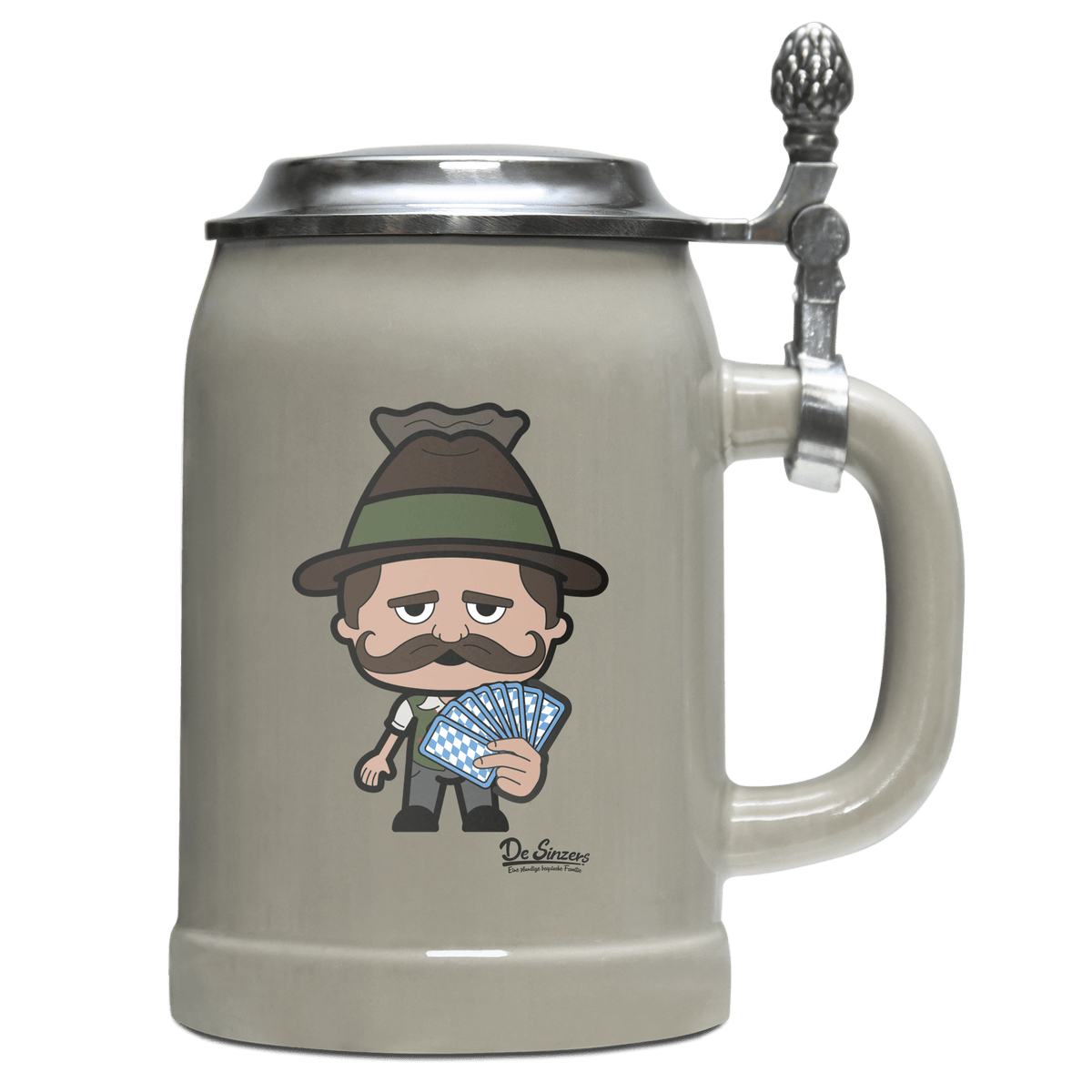Da Sinzer Schafkopfen Bierkrug 500ml Grau mit Deckel Hocheck Front