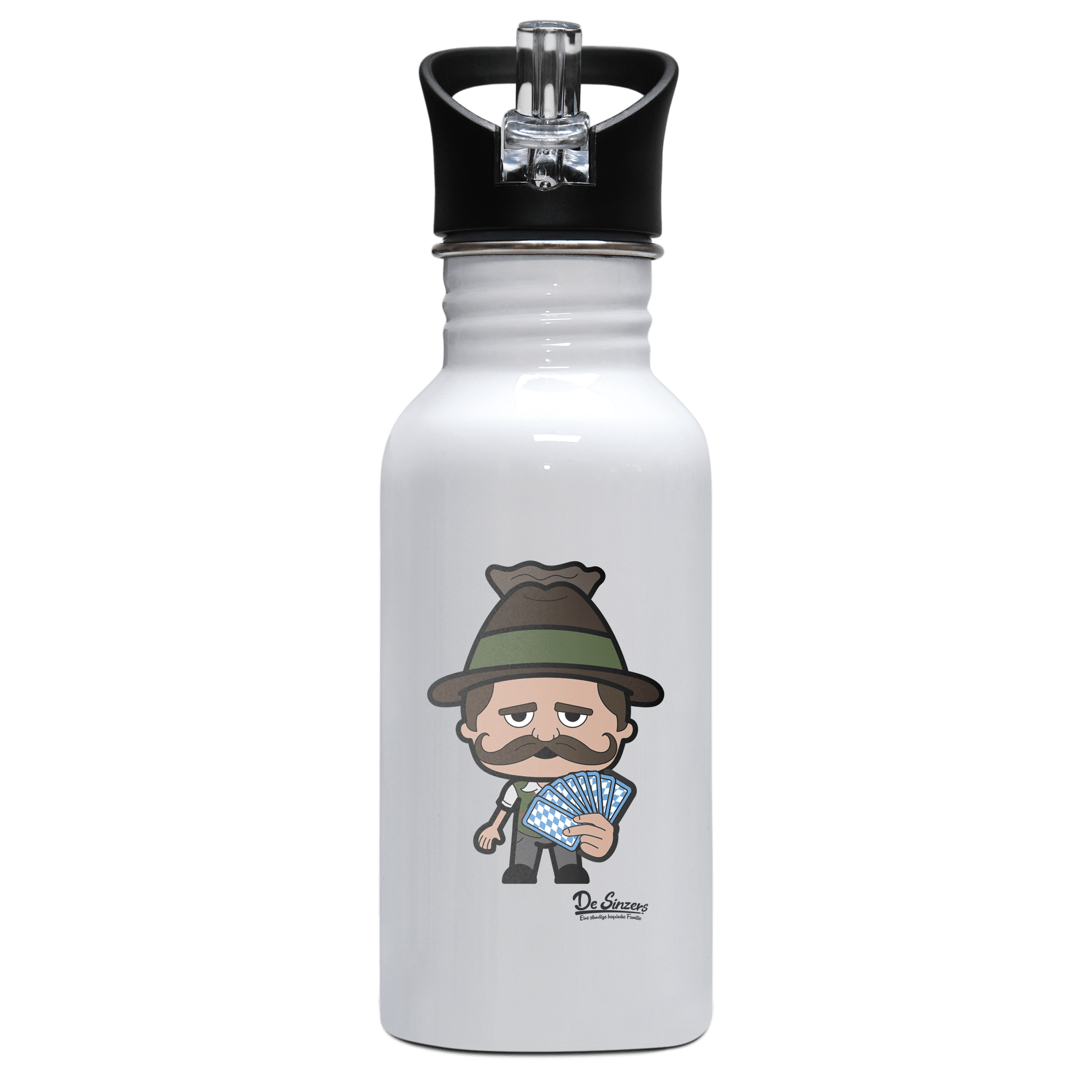 Da Sinzer Schafkopfen Edelstahl Trinkflasche mit klappbarem Mundstueck 500ml Weiss Rotwand Front