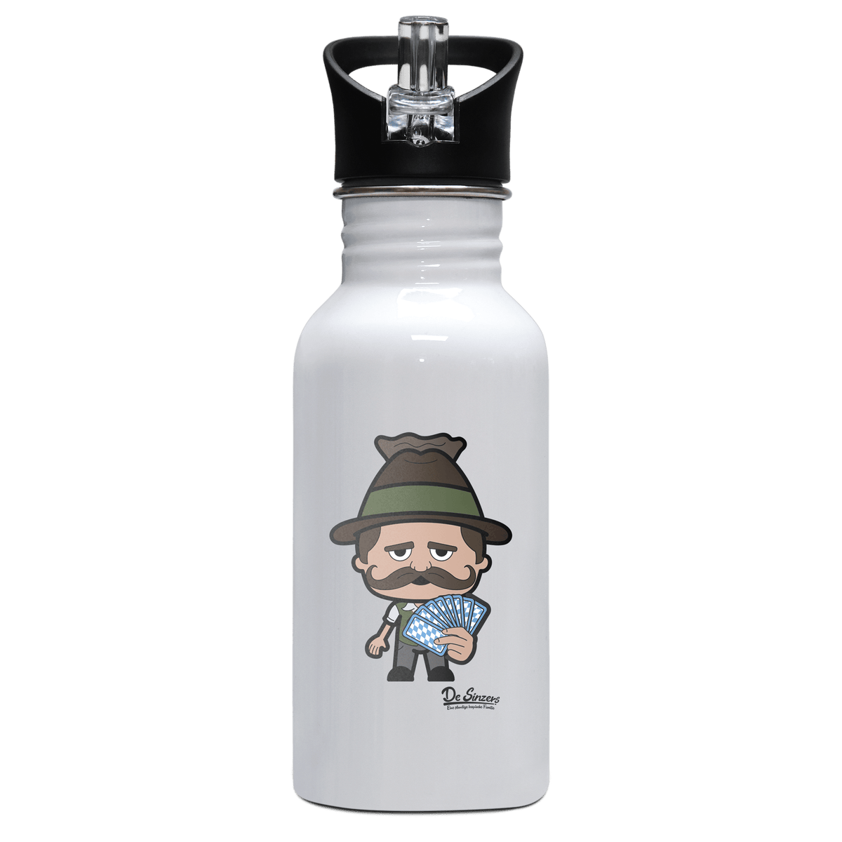 Da Sinzer Schafkopfen Edelstahl Trinkflasche mit klappbarem Mundstueck 500ml Weiss Rotwand Front