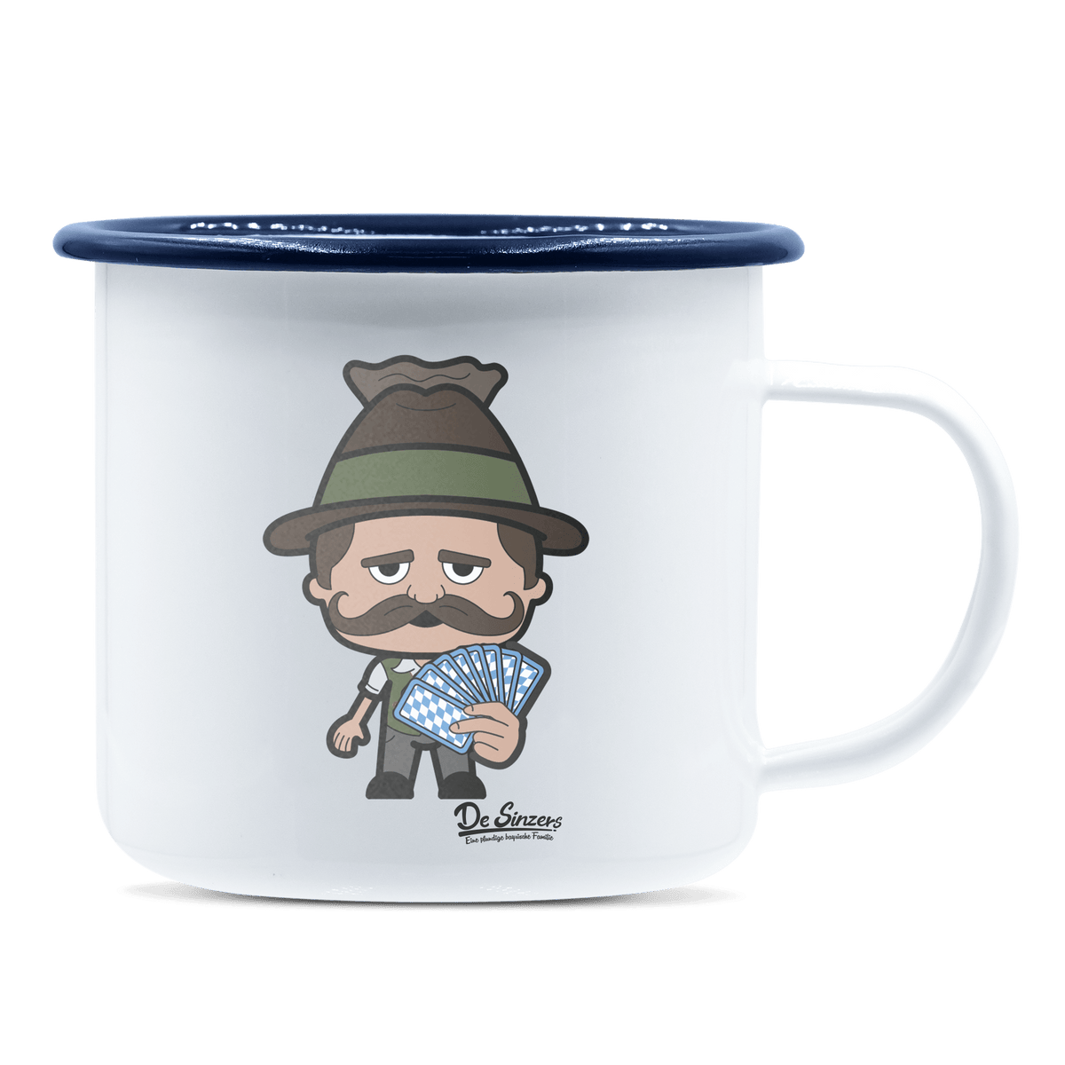 Da Sinzer Schafkopfen Emaille Tasse 375ml Weiss Blau Heuberg Front