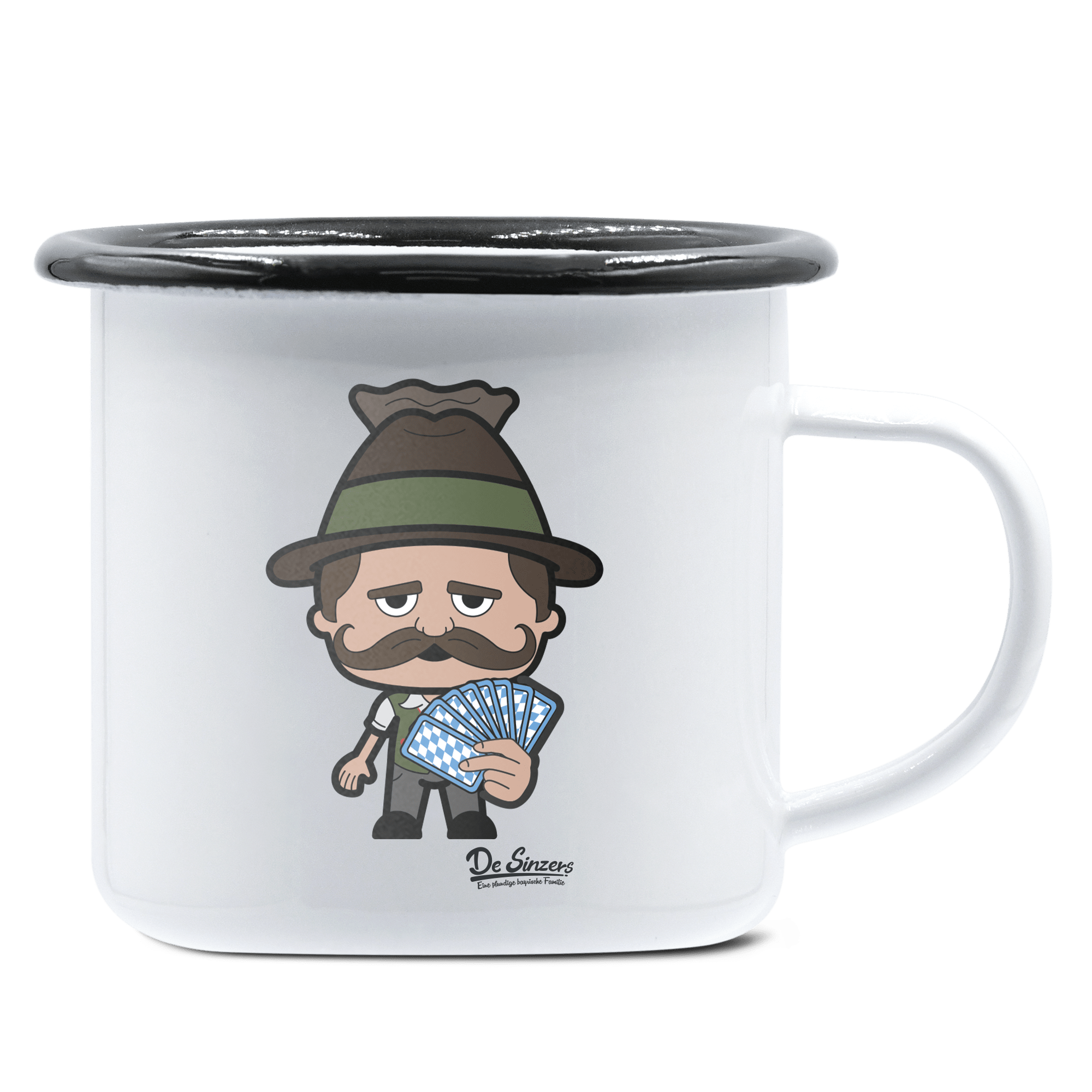 Da Sinzer Schafkopfen Emaille Tasse 375ml Weiss Schwarz Hochries Front