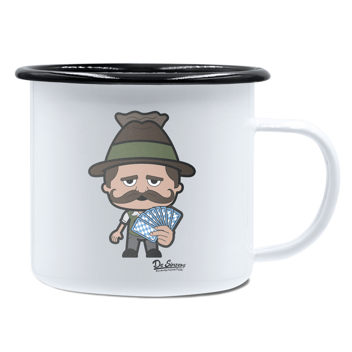 Da Sinzer Schafkopfen Emaille Tasse 450ml Weiss Schwarz Spitzstein Front