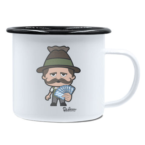 Da Sinzer Schafkopfen Emaille Tasse 450ml Weiss Schwarz Spitzstein Front