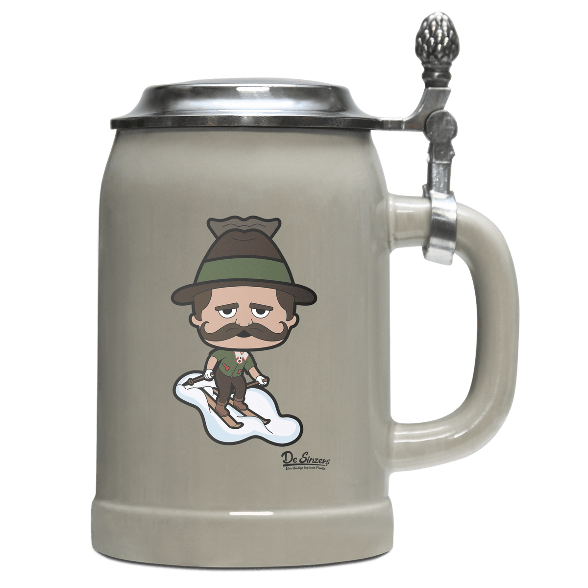 Da Sinzer Skifahrer Bierkrug 500ml Grau mit Deckel Hocheck Front