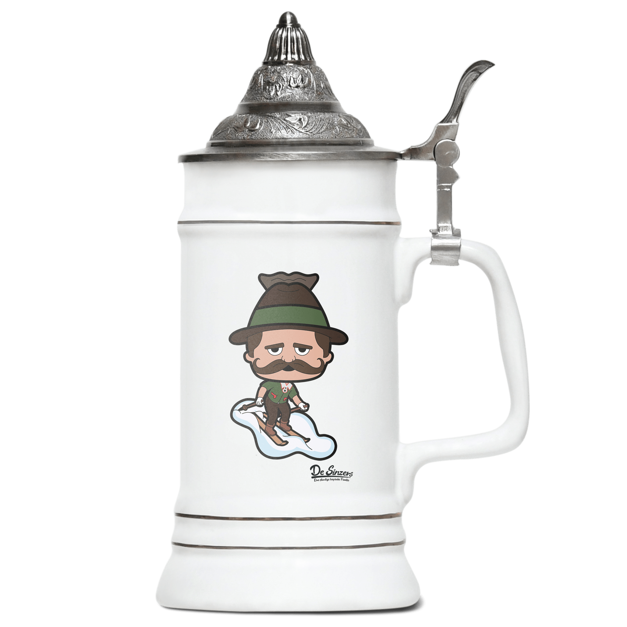 Da Sinzer Skifahrer Bierkrug 500ml Weiss mit Spitzdeckel Wendelstein Front
