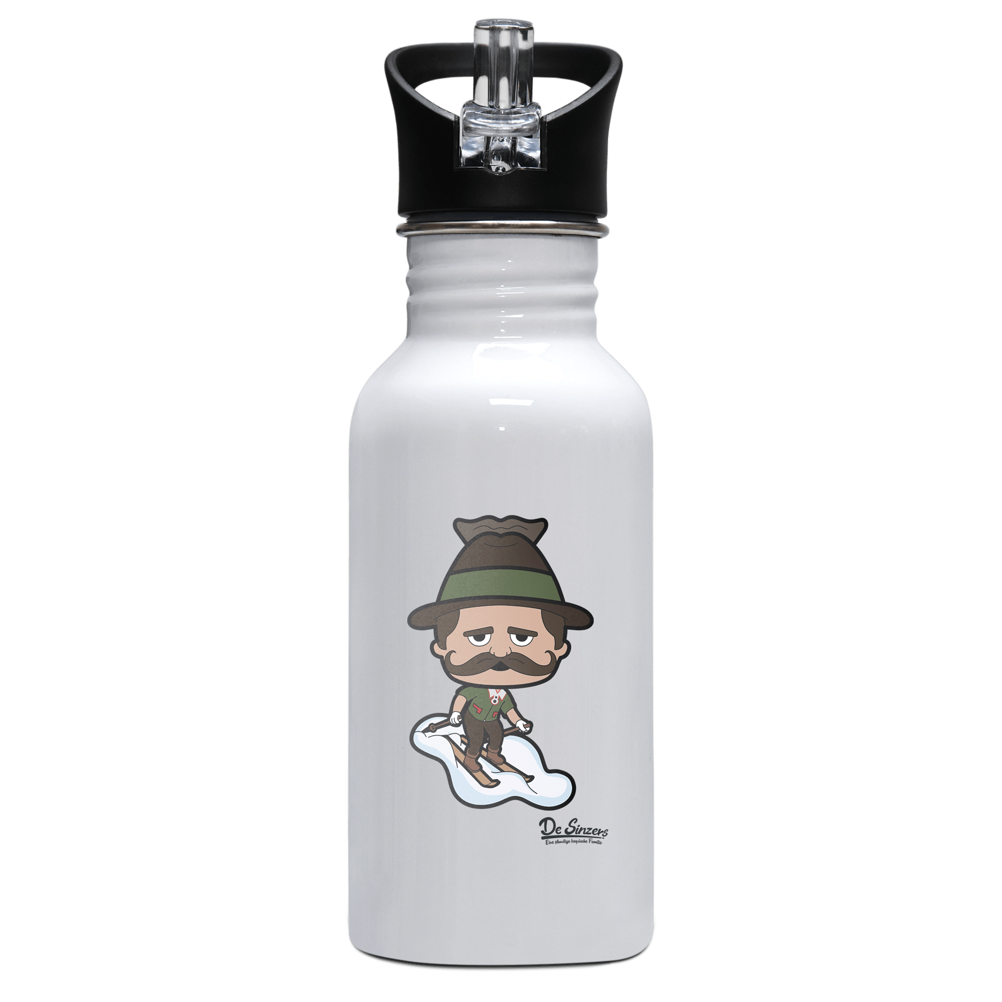 Da Sinzer Skifahrer Edelstahl Trinkflasche mit klappbarem Mundstueck 500ml Weiss Rotwand Front