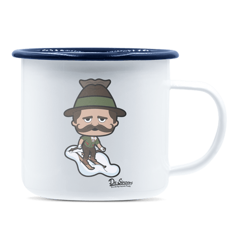 Da Sinzer Skifahrer Emaille Tasse 375ml Weiss Blau Heuberg Front