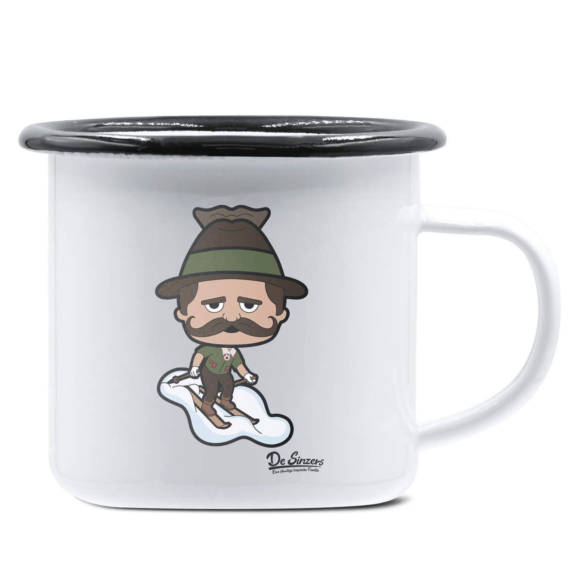 Da Sinzer Skifahrer Emaille Tasse 375ml Weiss Schwarz Hochries Front