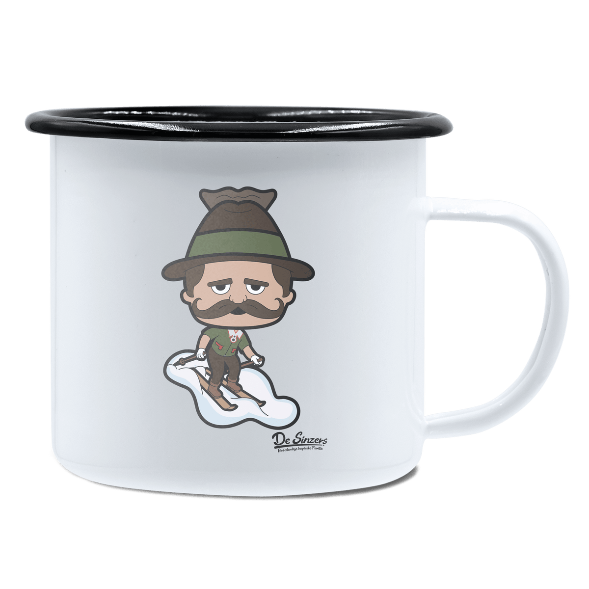 Da Sinzer Skifahrer Emaille Tasse 450ml Weiss Schwarz Spitzstein Front