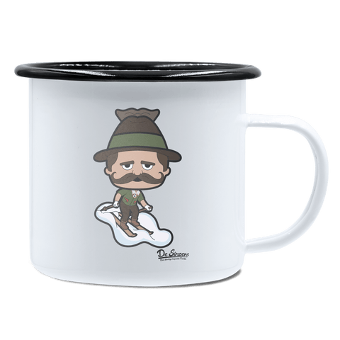 Da Sinzer Skifahrer Emaille Tasse 450ml Weiss Schwarz Spitzstein Front