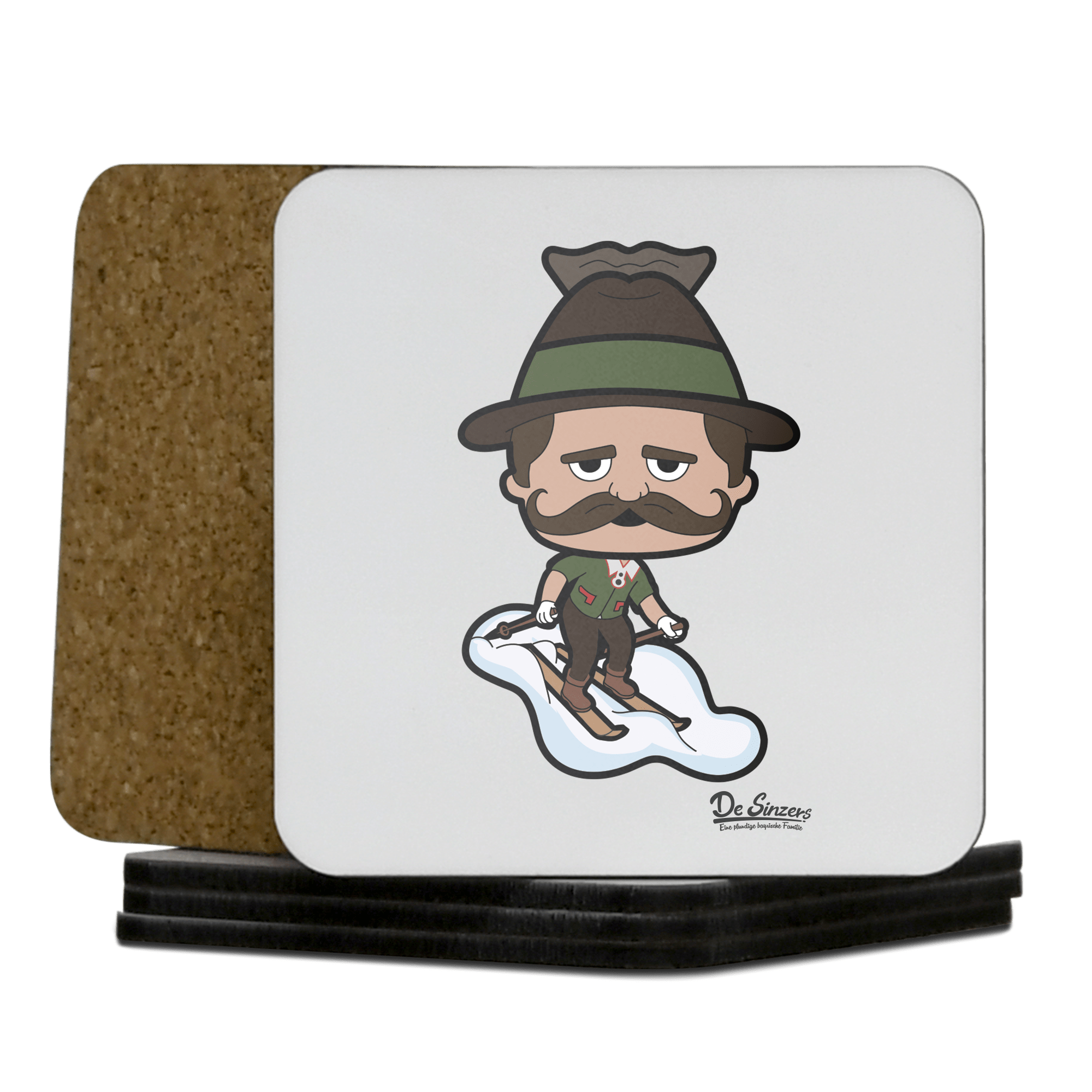 Da Sinzer Skifahrer Korkuntersetzer 5er Set 95 x 95 mm Weiss Karkopf Front