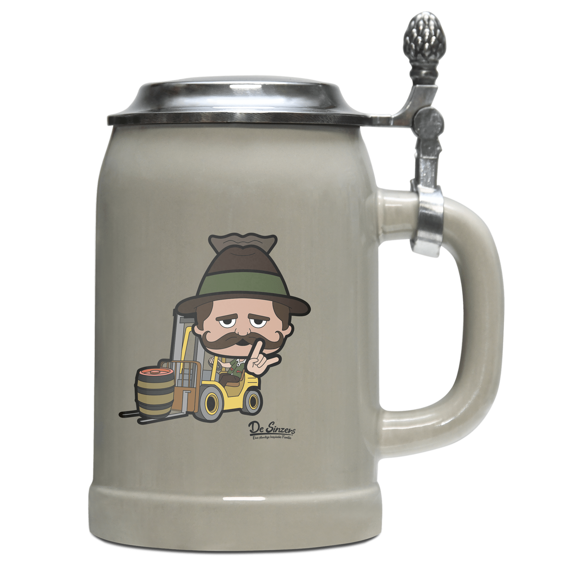 Da Sinzer Staplerfahrer Bierkrug 500ml Grau mit Deckel Hocheck Front