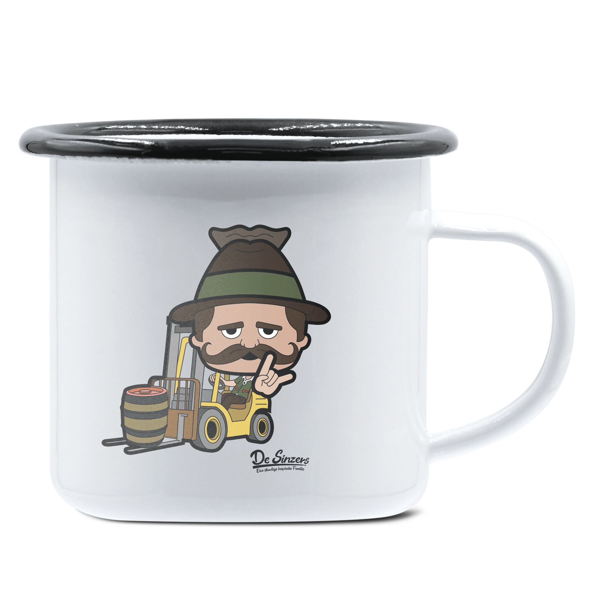 Da Sinzer Staplerfahrer Emaille Tasse 375ml Weiss Schwarz Hochries Front