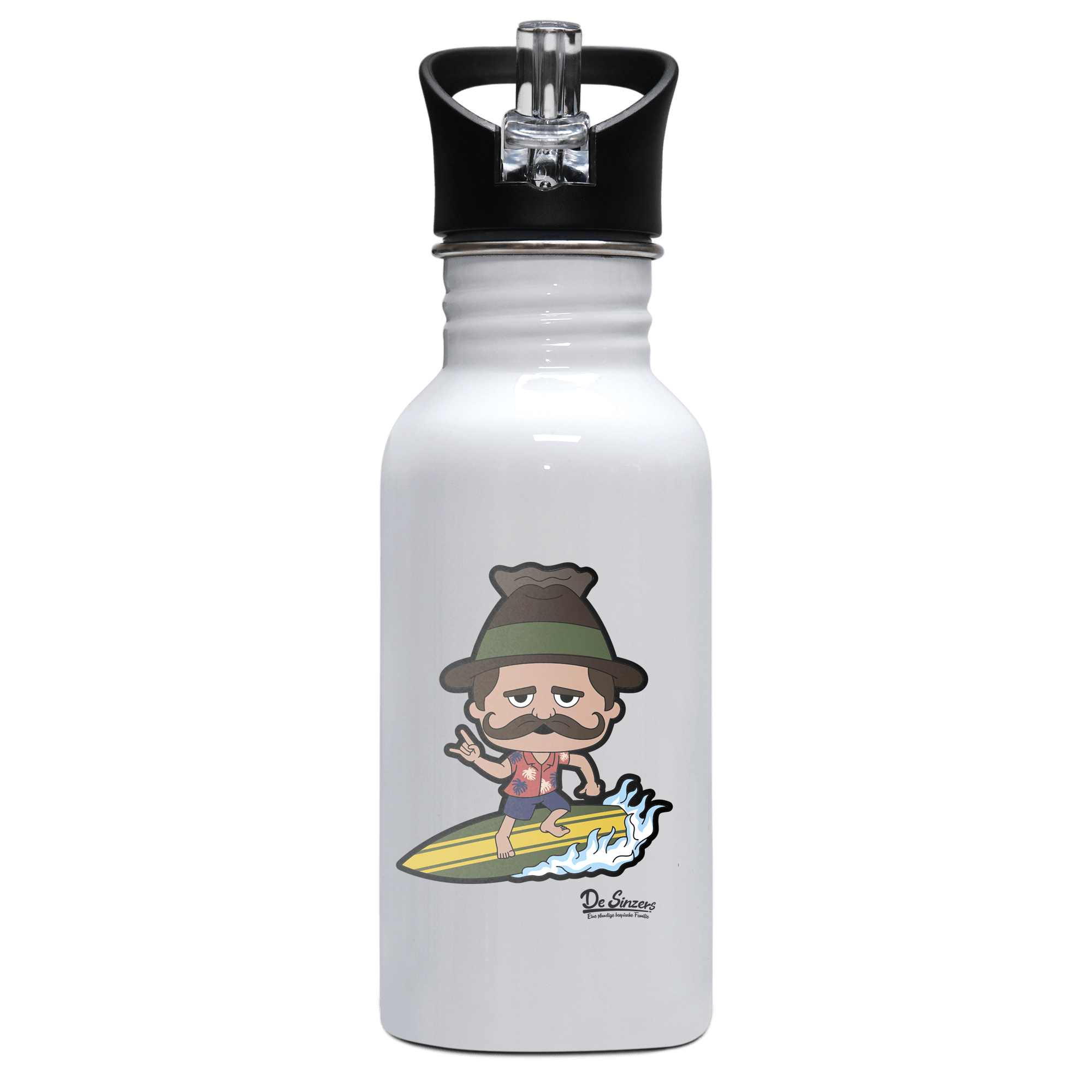 Da Sinzer Summer Edition Edelstahl Trinkflasche mit klappbarem Mundstueck 500ml Weiss Rotwand Front